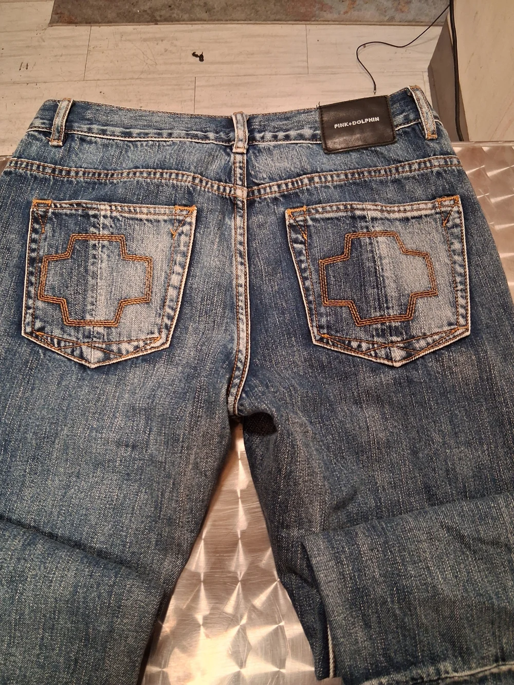 Pink Dolphin Men's Slim Straight Patchwork Jeans